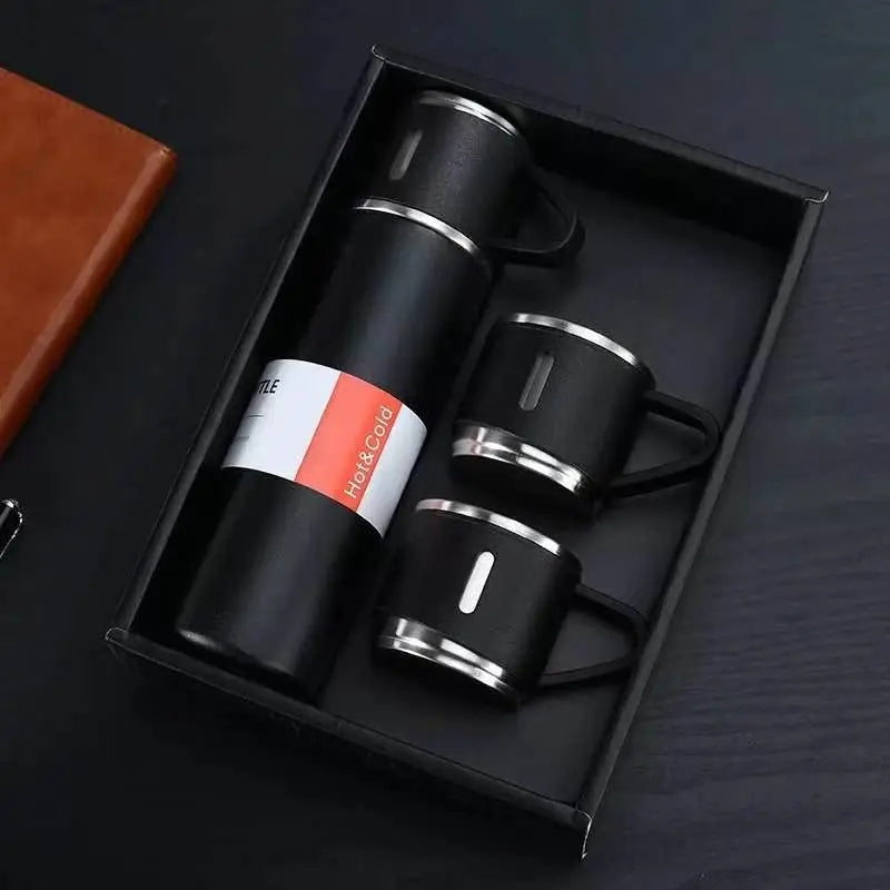 4in1 Stainless Steel Water Bottle 500ml Double Walled Vacuum with 3 Pcs Leak-proof Cups for Gym Home Office and Outdoor Use