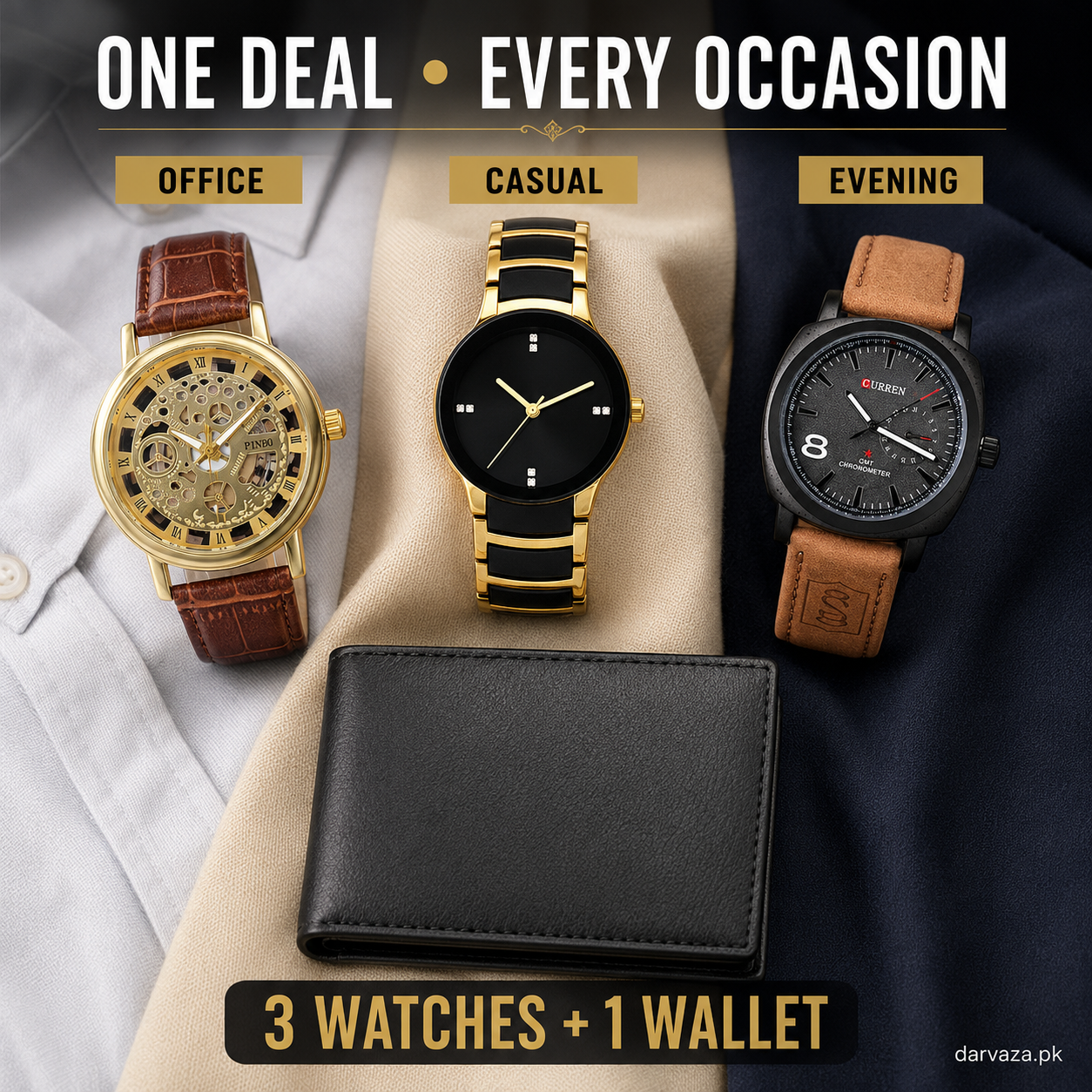 Buy 1 Get 3 Free Deal 3 Wrist Watches & 1 Original Leather Wallet Rs 1599
