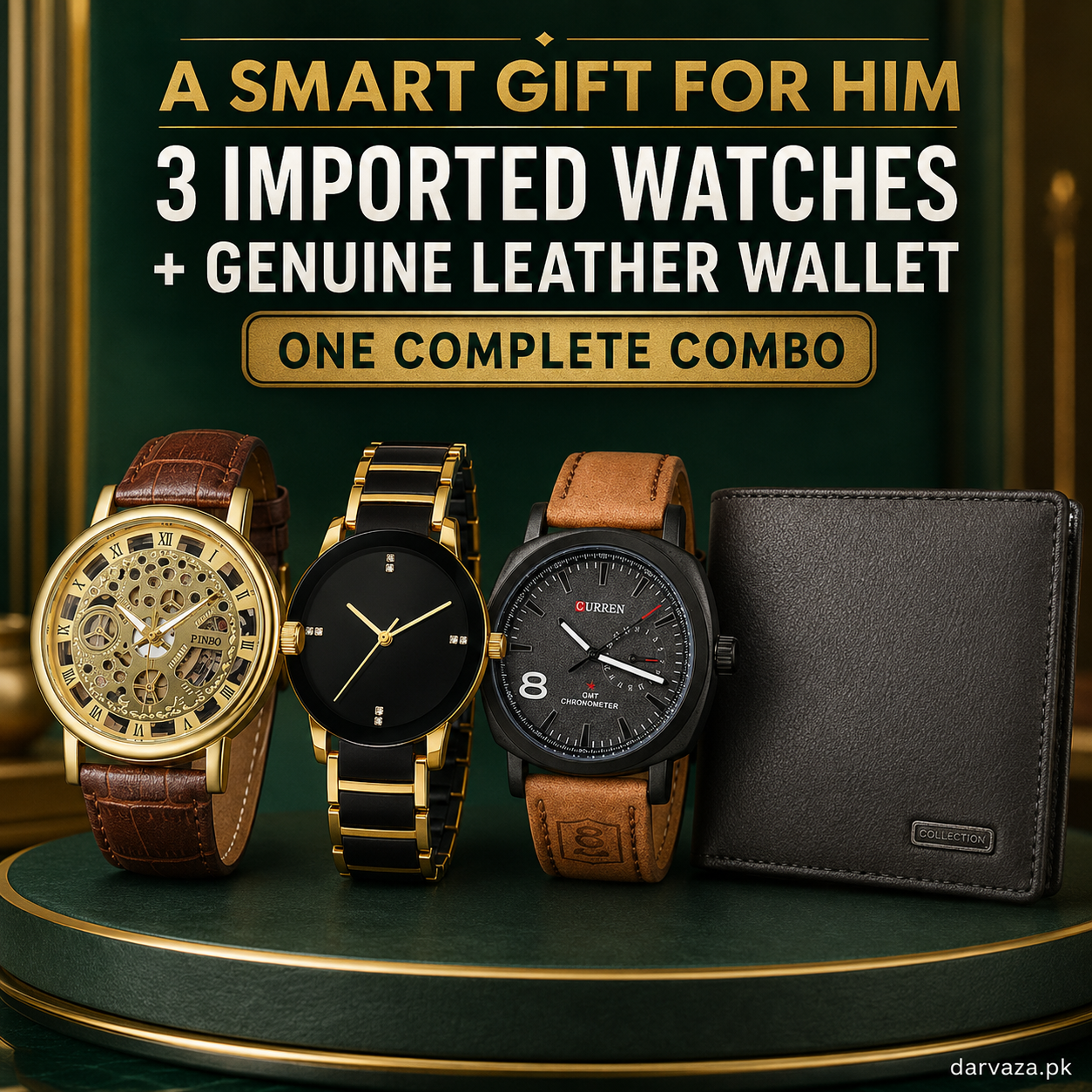 Buy 1 Get 3 Free Deal 3 Wrist Watches & 1 Original Leather Wallet Rs 1599